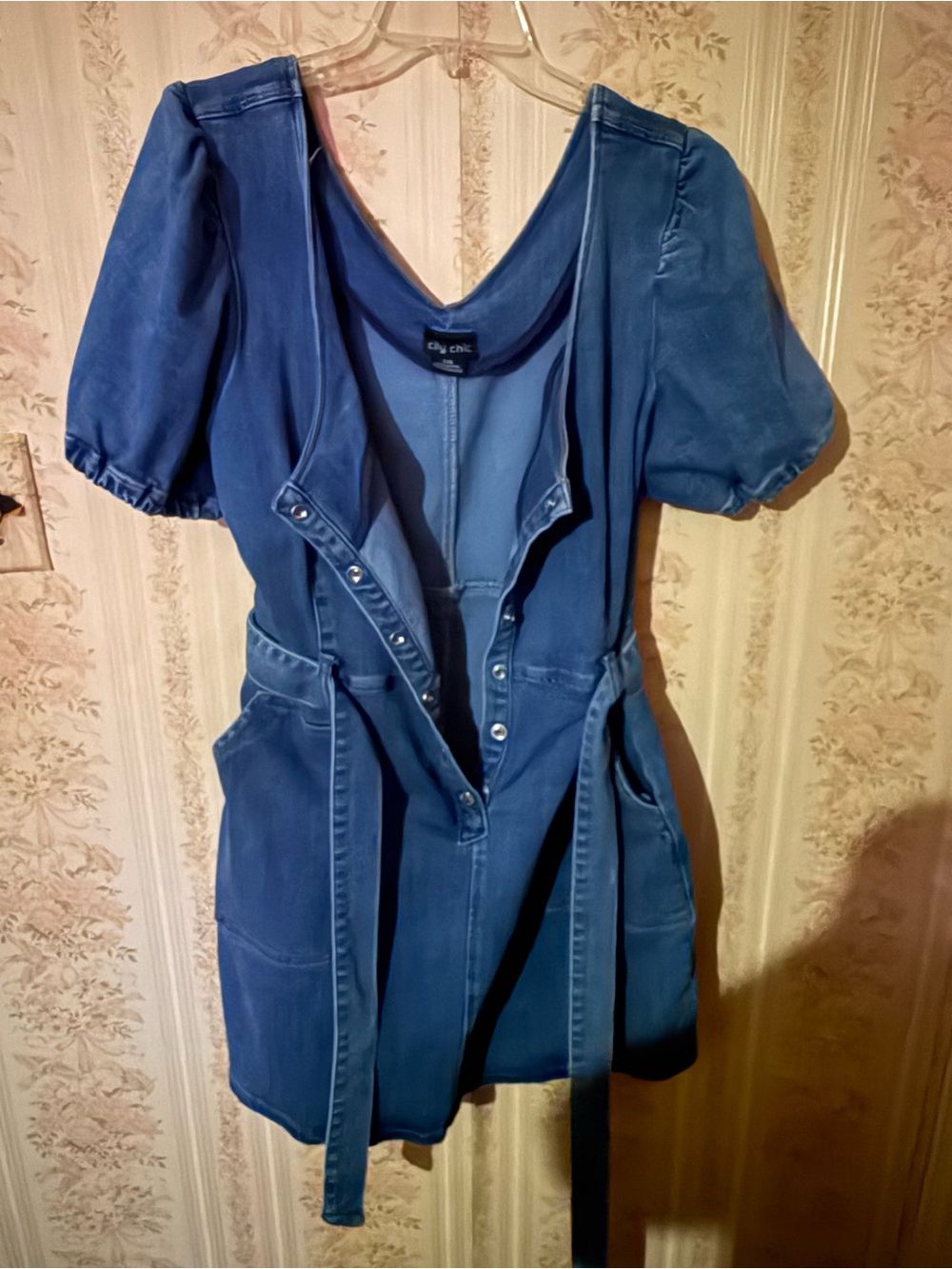 City Chic Blue Denim Puff-Sleeve Button Front Dress with Waist Tie